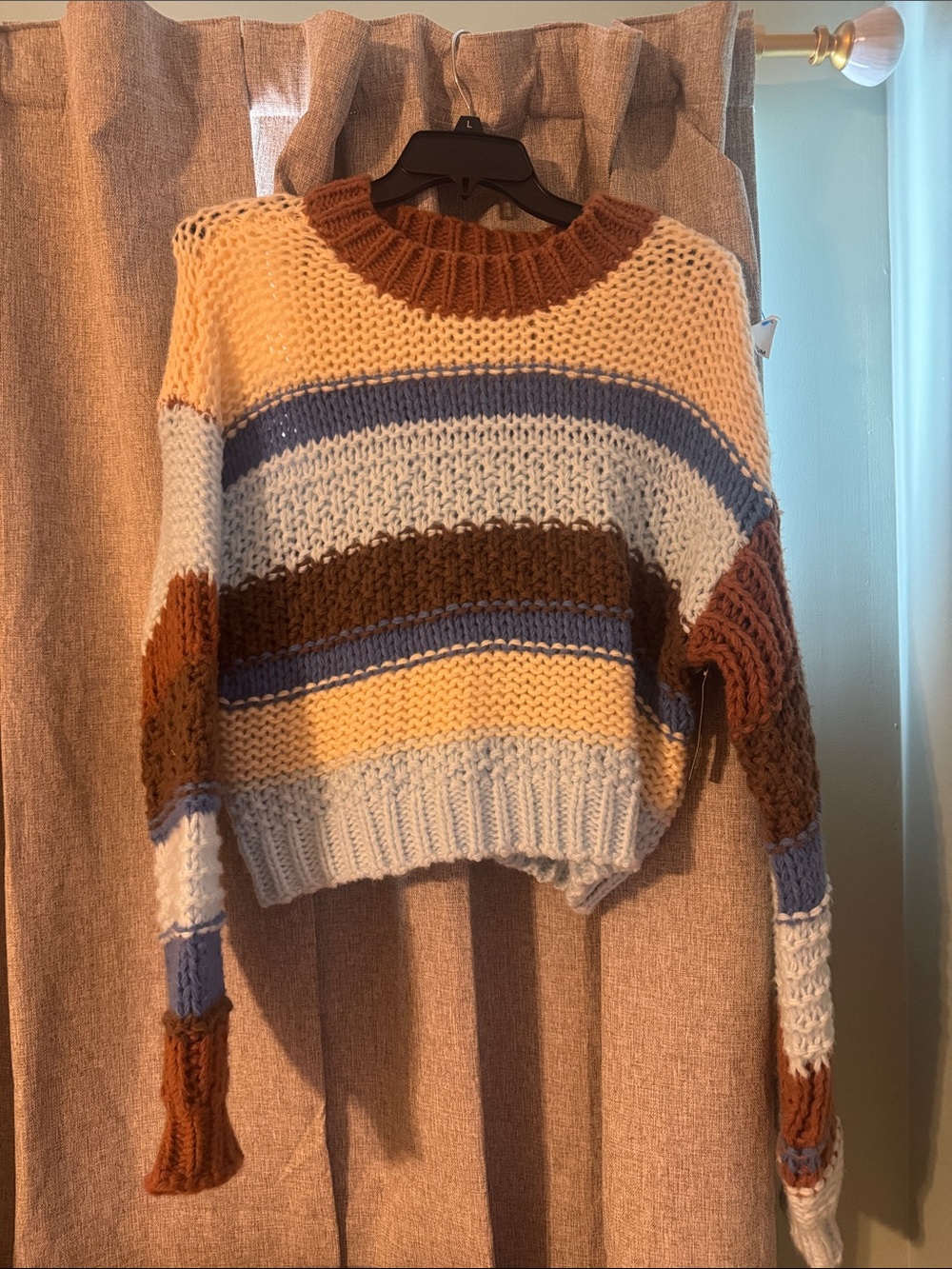 Altar'd State Striped Chunky Knit Sweater - Cream, Blue & Brown